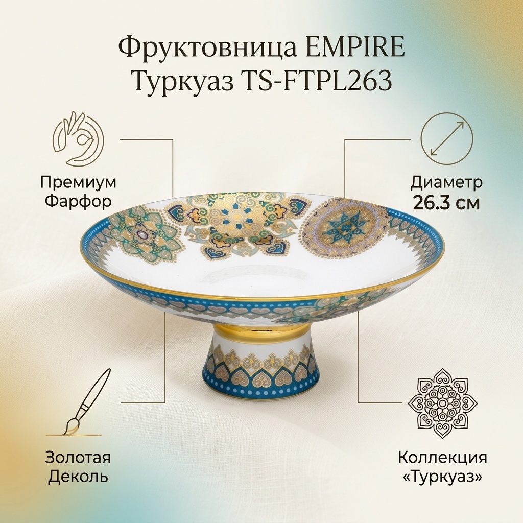 Фруктовница EMPIRE Туркуаз 1 шт, фарфор, 26.3х26.3 см