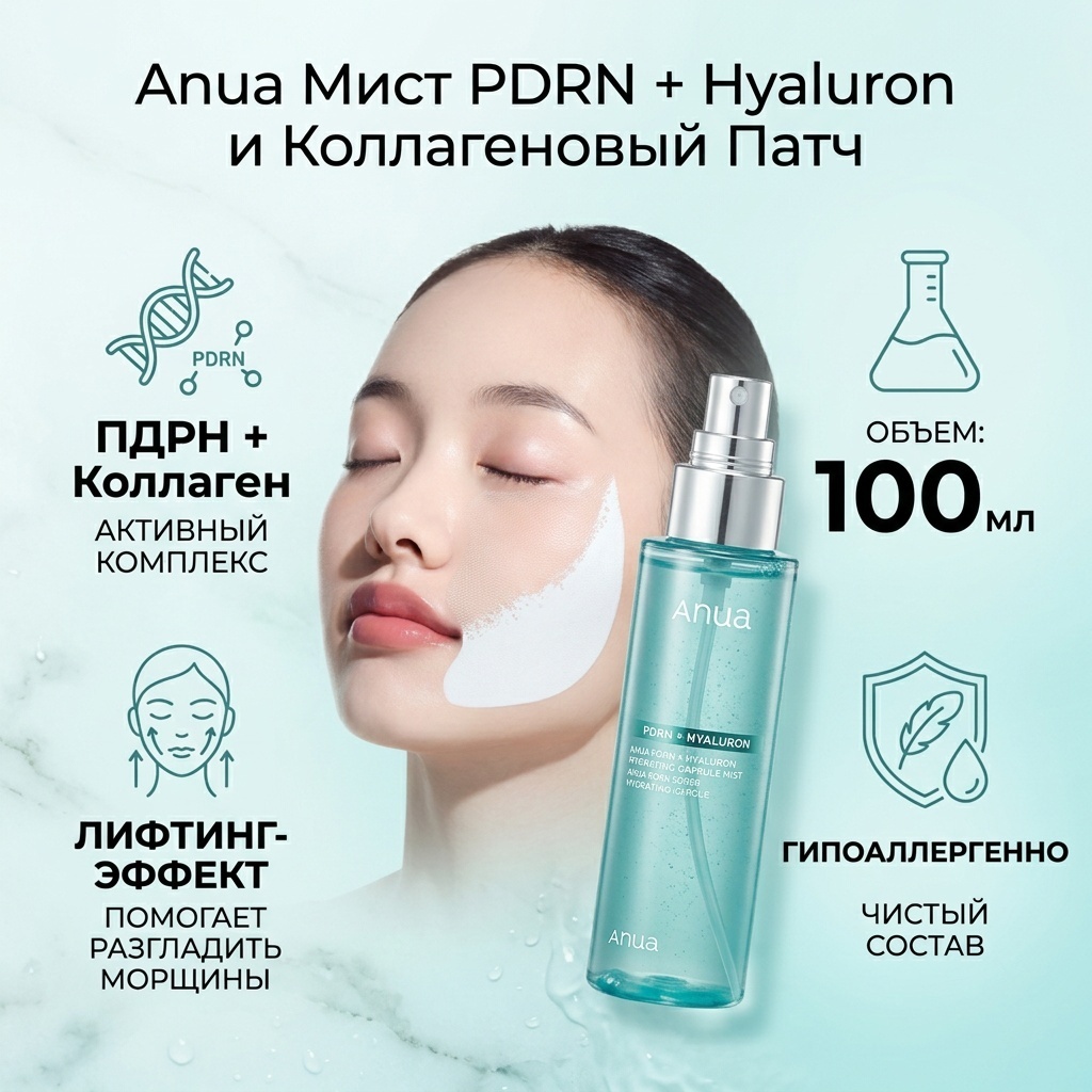 Anua мист PDRN + Hyaluron Capsule 100 Serum Mist x PDRN Collagen Film Patch 100 мл