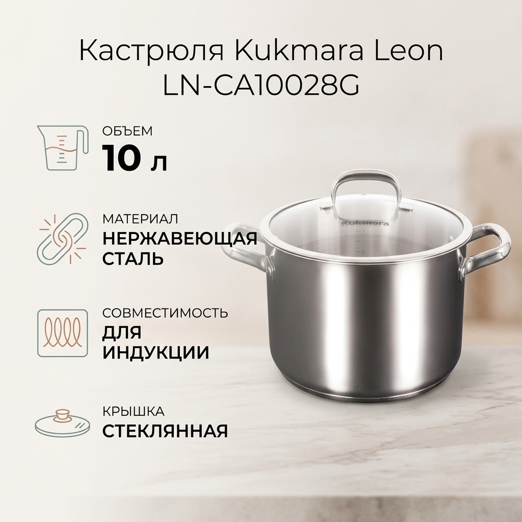 Кастрюля 10 л, Kukmara Leon LN-CA10028G нержавеющая сталь