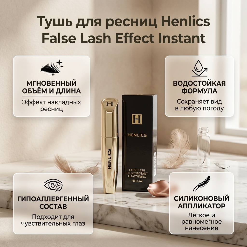 Тушь для ресниц Henlics False Lash Effect Instant для объема, удлиняющая, подкручивающая черный