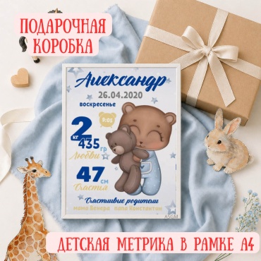 ASGM фоторамка Метрика ребенка в рамке А4 Детская метрика новорожденного с именем Подарок новорожденному Для мальчика