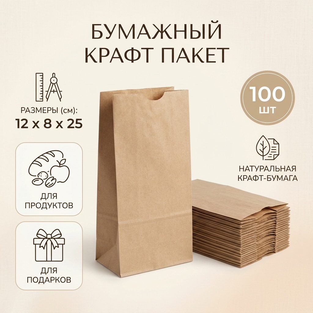 Крафт-пакет КП12825100 крафт-бумага 12х8х25 см 100 шт