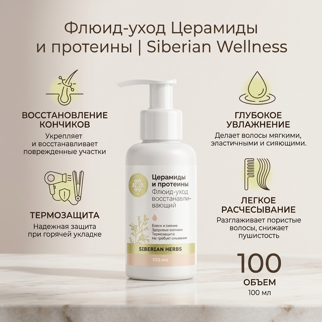 Siberian Wellness Флюид-уход для волос с церамидами и протеинами флюид 100 мл