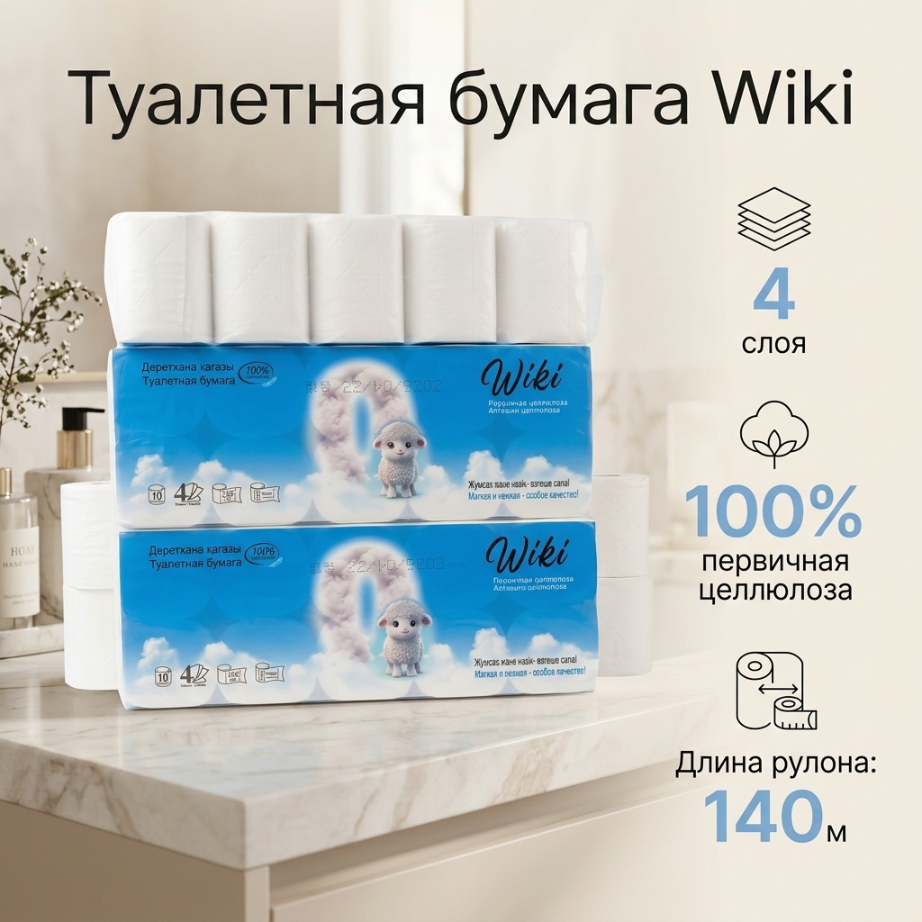 Wiki туалетная бумага 4-слойный 10 шт, первичная целлюлоза