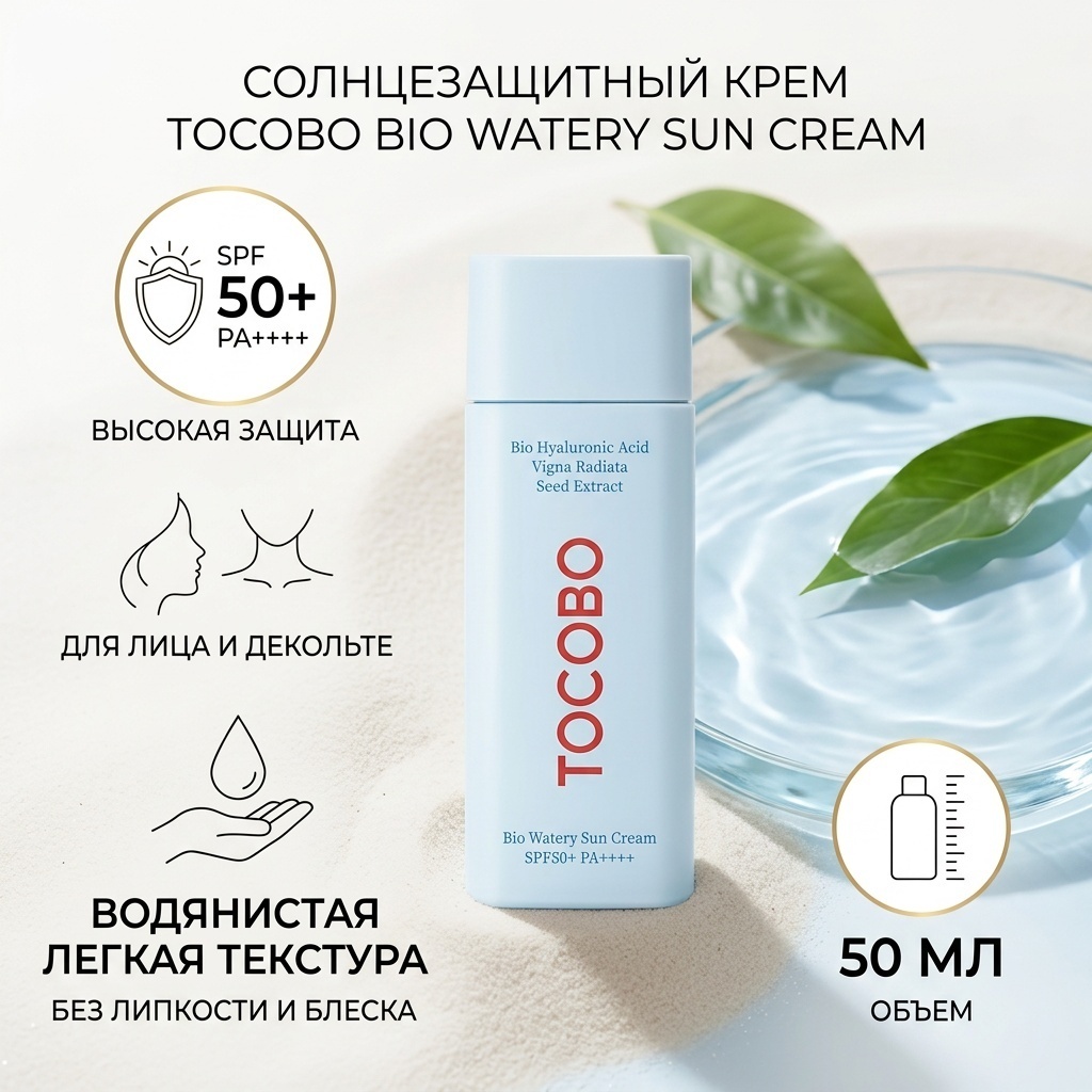 Tocobo крем Bio Watery Sun Cream SPF50 для лица, для зоны декольте 50 мл