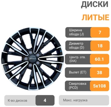 Rainbow JETOUR X70 Plus 7x18/5x108 D60.1 ET38 4 диска черный, серебристый