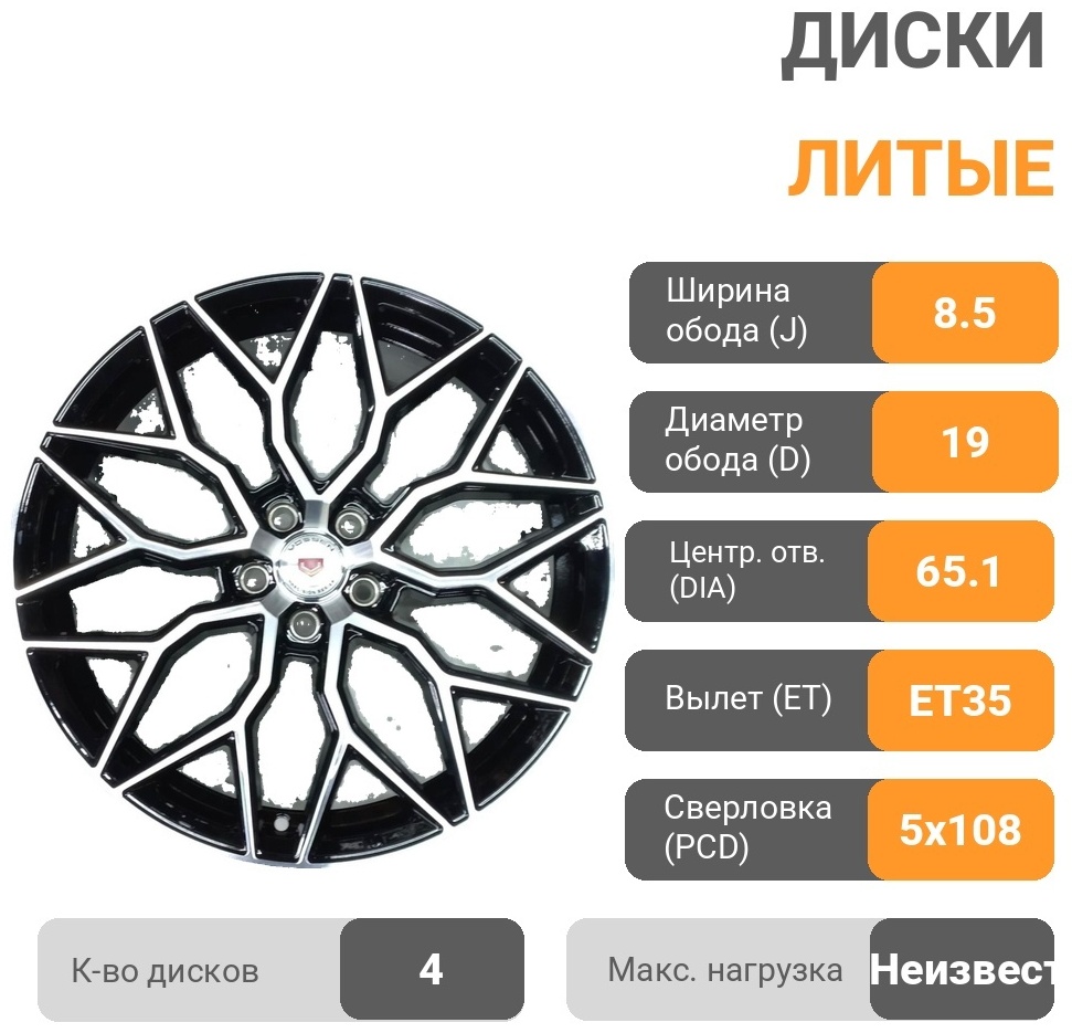0319 8.5x19/5x108 D65.1 ET35 4 диска черный, серебристый