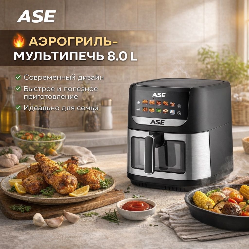 Аэрогриль Ase ASE-TT-8880 8 л черный, серебристый