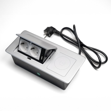 Настольный встраиваемый блок розеток Shelbi STGW-4M-2S-1U1C-S, 2 розетки 220В, USB, Type-C, беспроводная зарядка 15W, серебристый