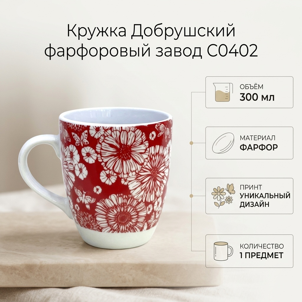 Кружка Добрушский фарфоровый завод с принтом "Цветы", 300 мл, фарфор, 1 шт.
