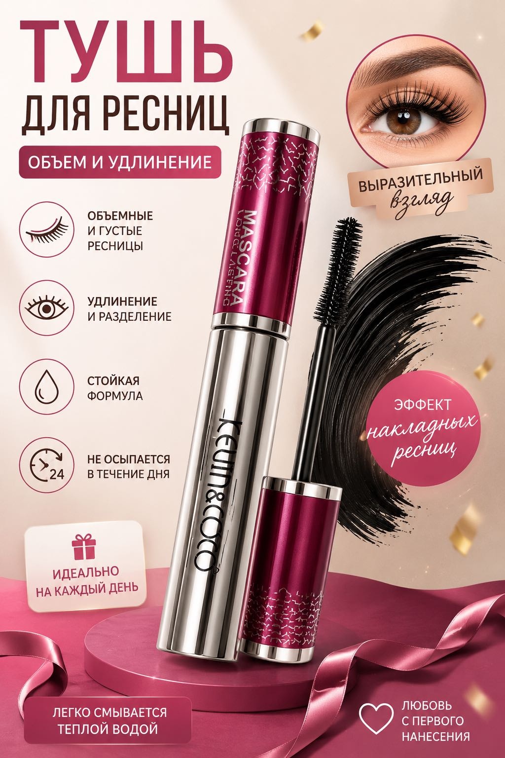 Тушь для ресниц KEVIN&COCO Long Lasting объем и удлинение для объема, удлиняющая черный