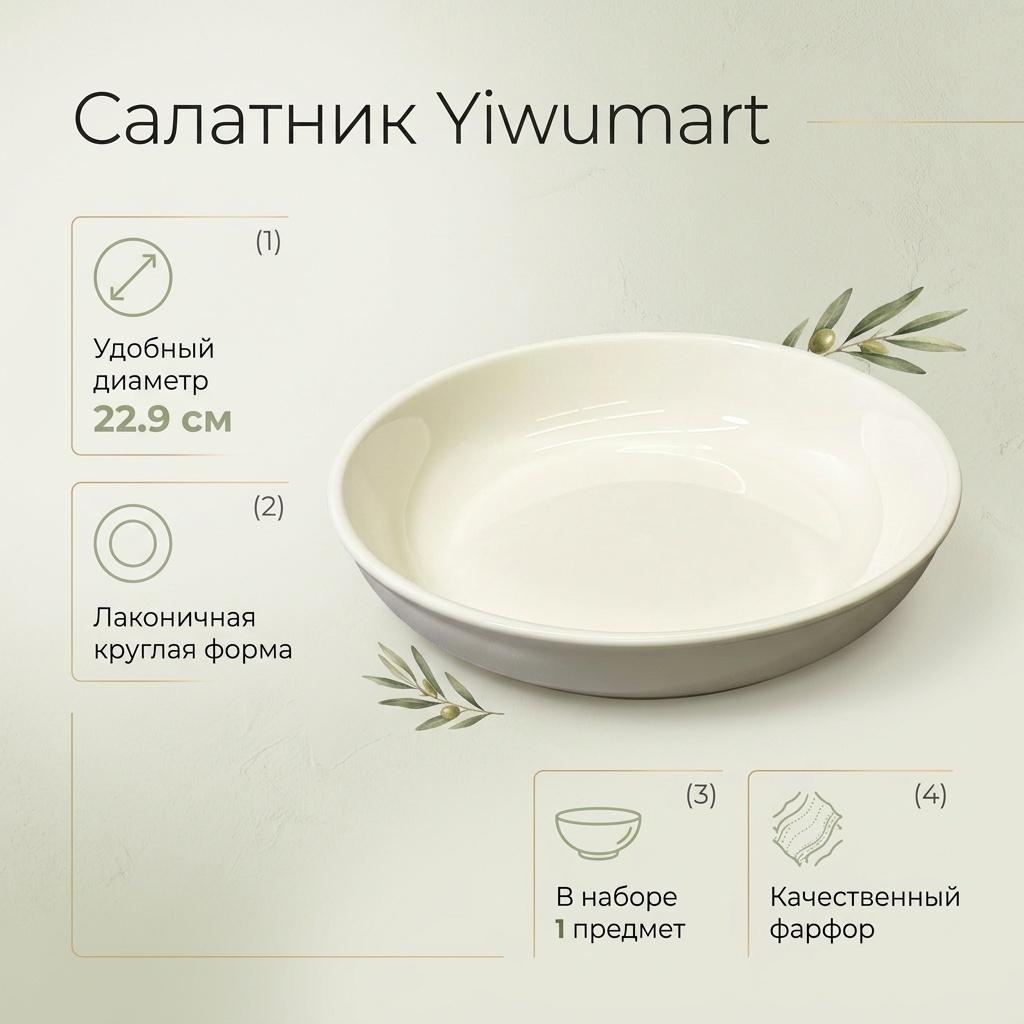 Салатник Yiwumart Базовая коллекция 22.9х22.9 см, фарфор, 1 шт