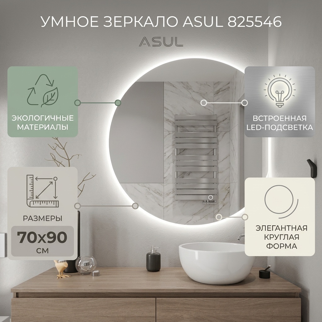 Умное зеркало настенное Asul 70x90 см