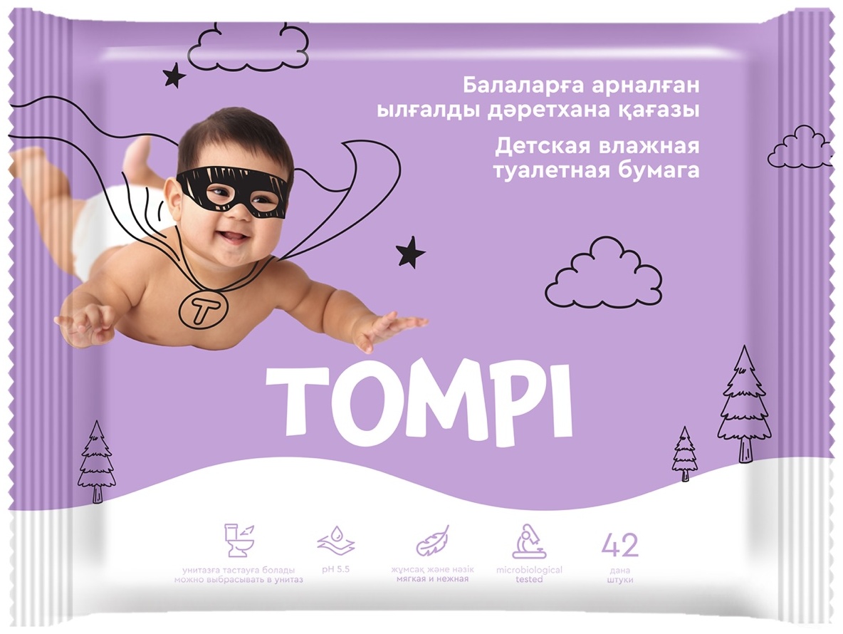 Tompi влажная туалетная бумага 1-слойный 42 шт, первичная целлюлоза