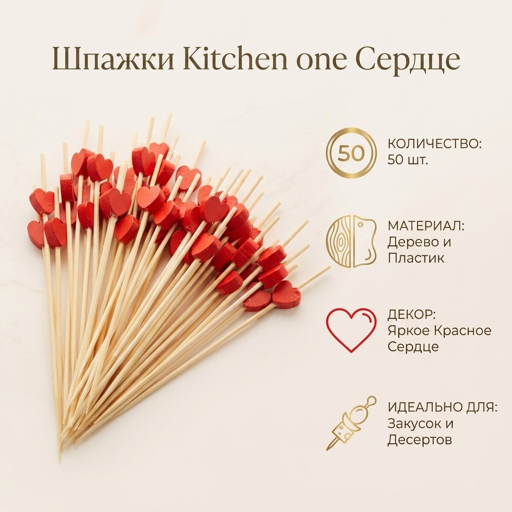 Шпажки Kitchen one сердце красный 50 шт