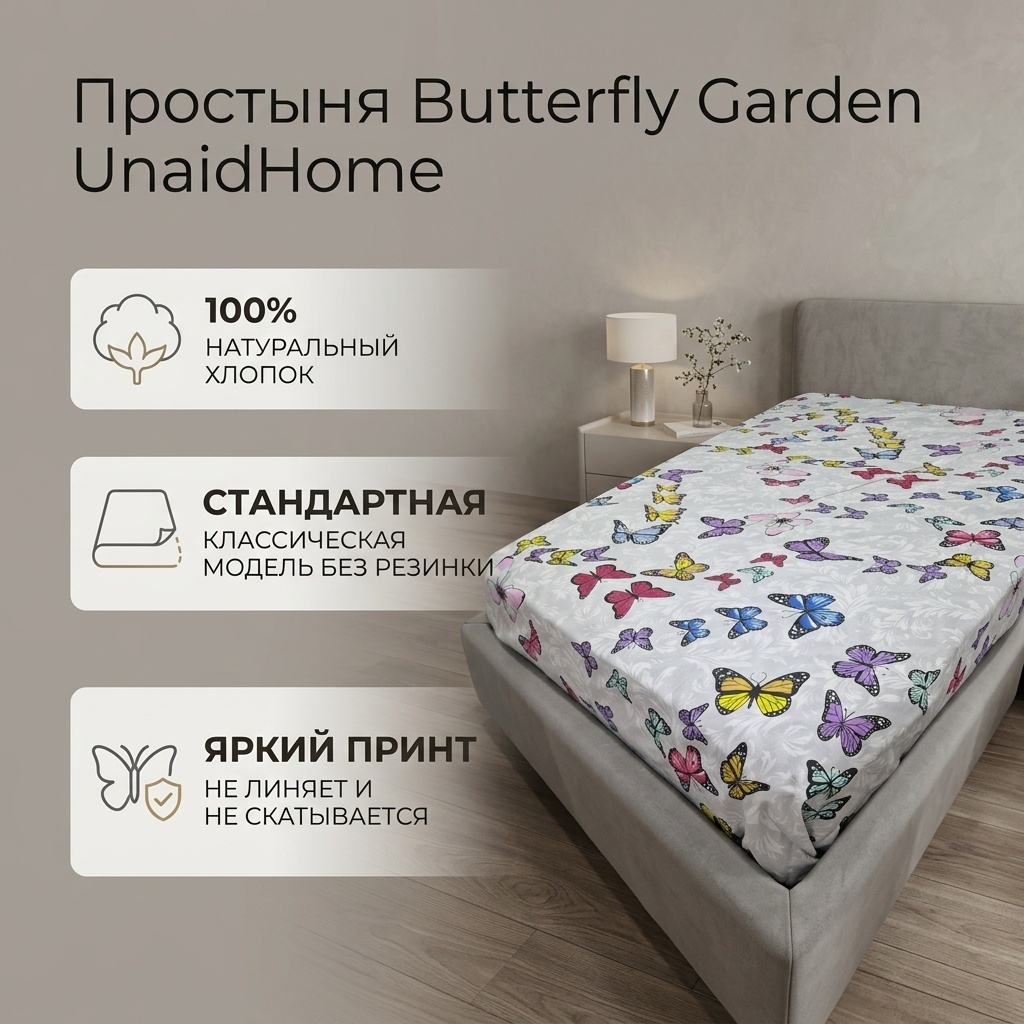 Простыня UnaidHome Butterfly Garden 120x200, хлопок, поплин