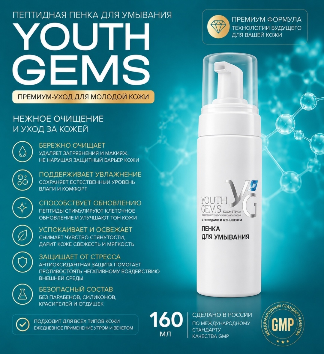 Peptides Youth Gems пенка 160 мл
