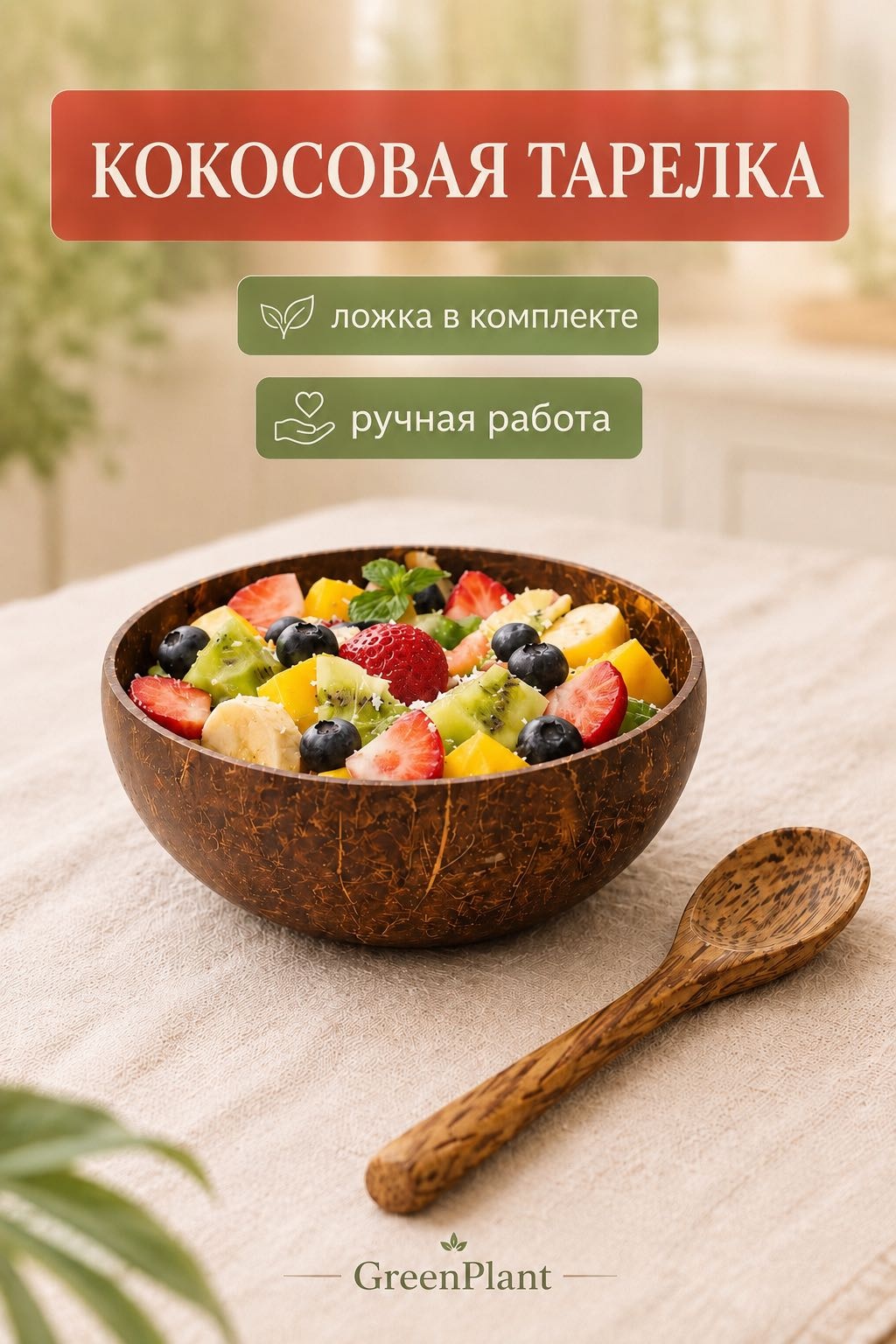 Тарелка GreenPlant натуральный кокос, с ложкой в комплекте