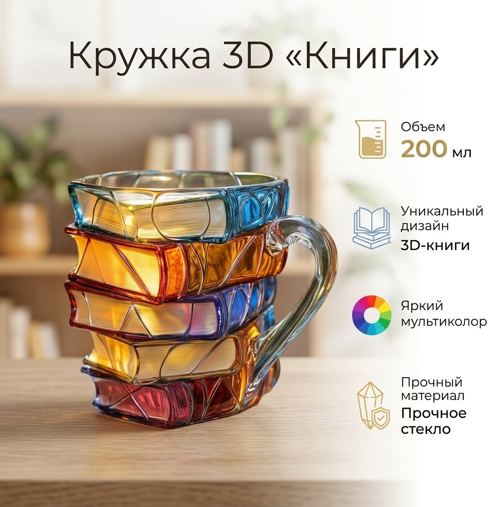 Кружка с принтом "Книги", 200 мл, стекло, 1 шт.