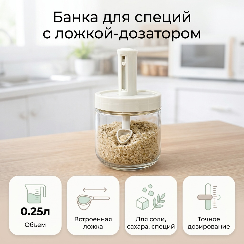 Банка Банка для специй с ложкой и дозатором, пластик, стекло