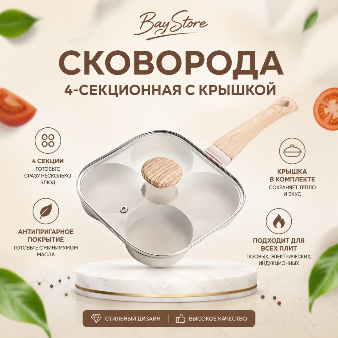 Сковорода порционная BayStore 19 см с антипригарным покрытием, алюминий
