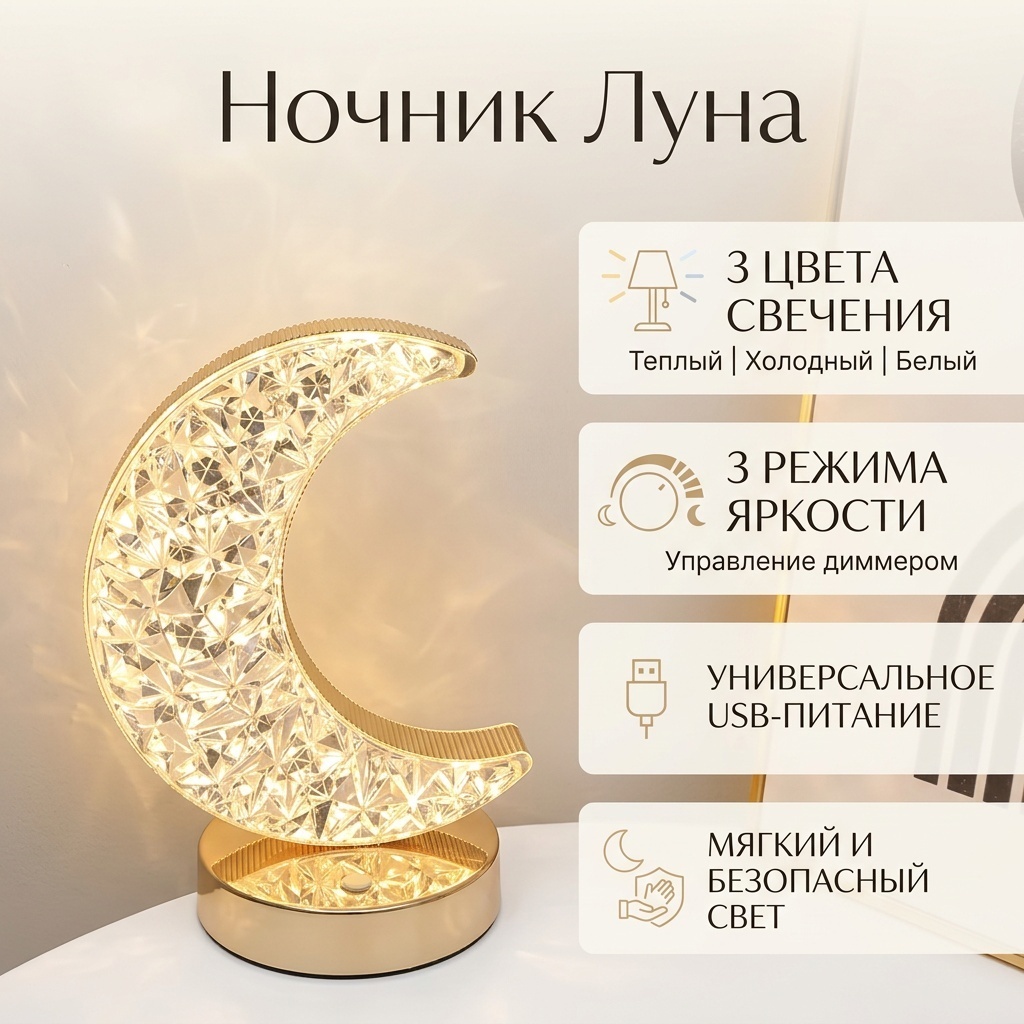 Декоративный светильник настольный Ночник Луна, теплый белый, холодный белый, белый
