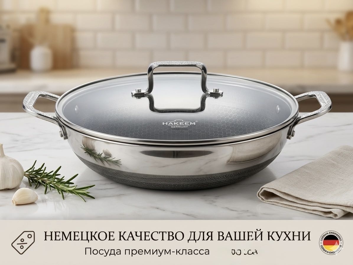 Вок 30 см с антипригарным покрытием, нержавеющая сталь