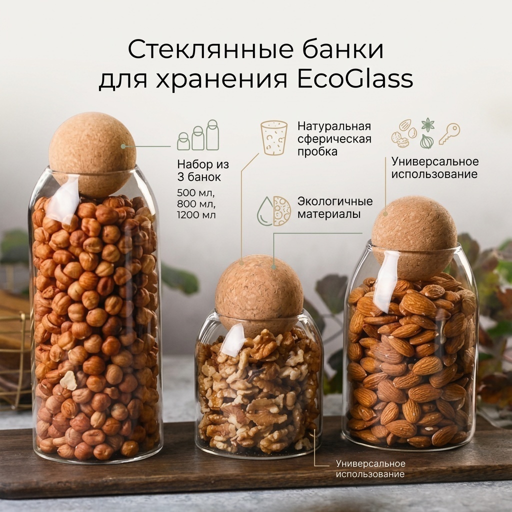 Банка Набор экологичных стеклянных банок для хранения , стекло, бамбук