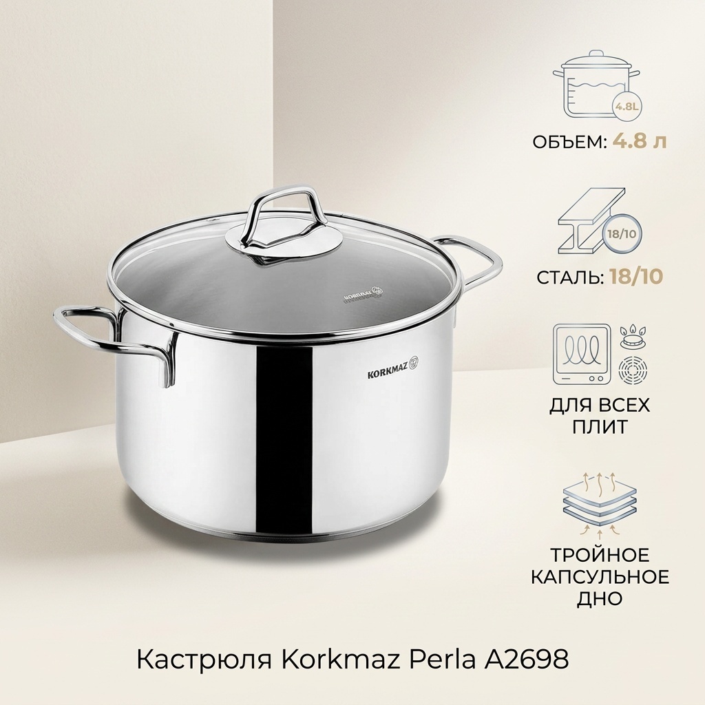 Кастрюля 4.8 л, Korkmaz Perla A2698 нержавеющая сталь