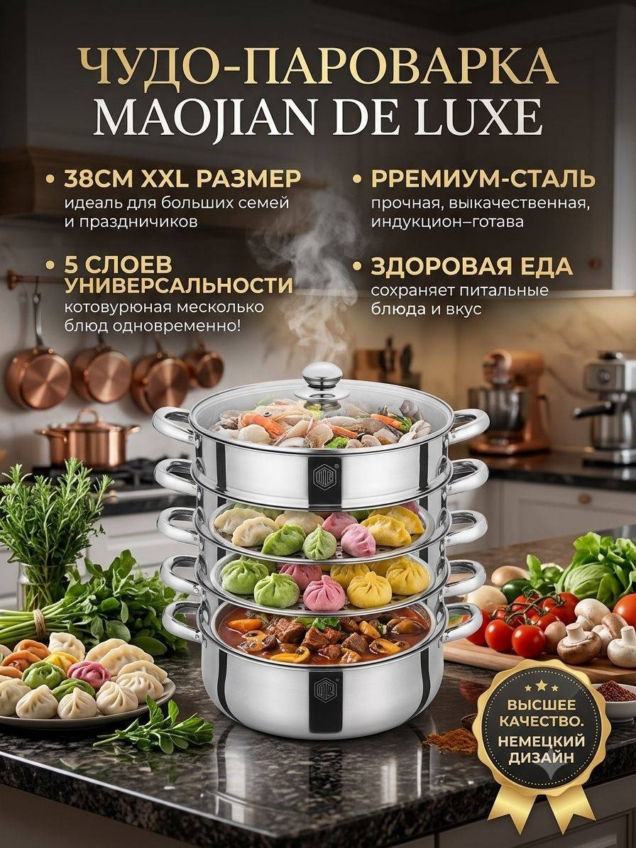 Пароварка 7 л, Maojian DE LUXE нержавеющая сталь, количество ярусов: 4
