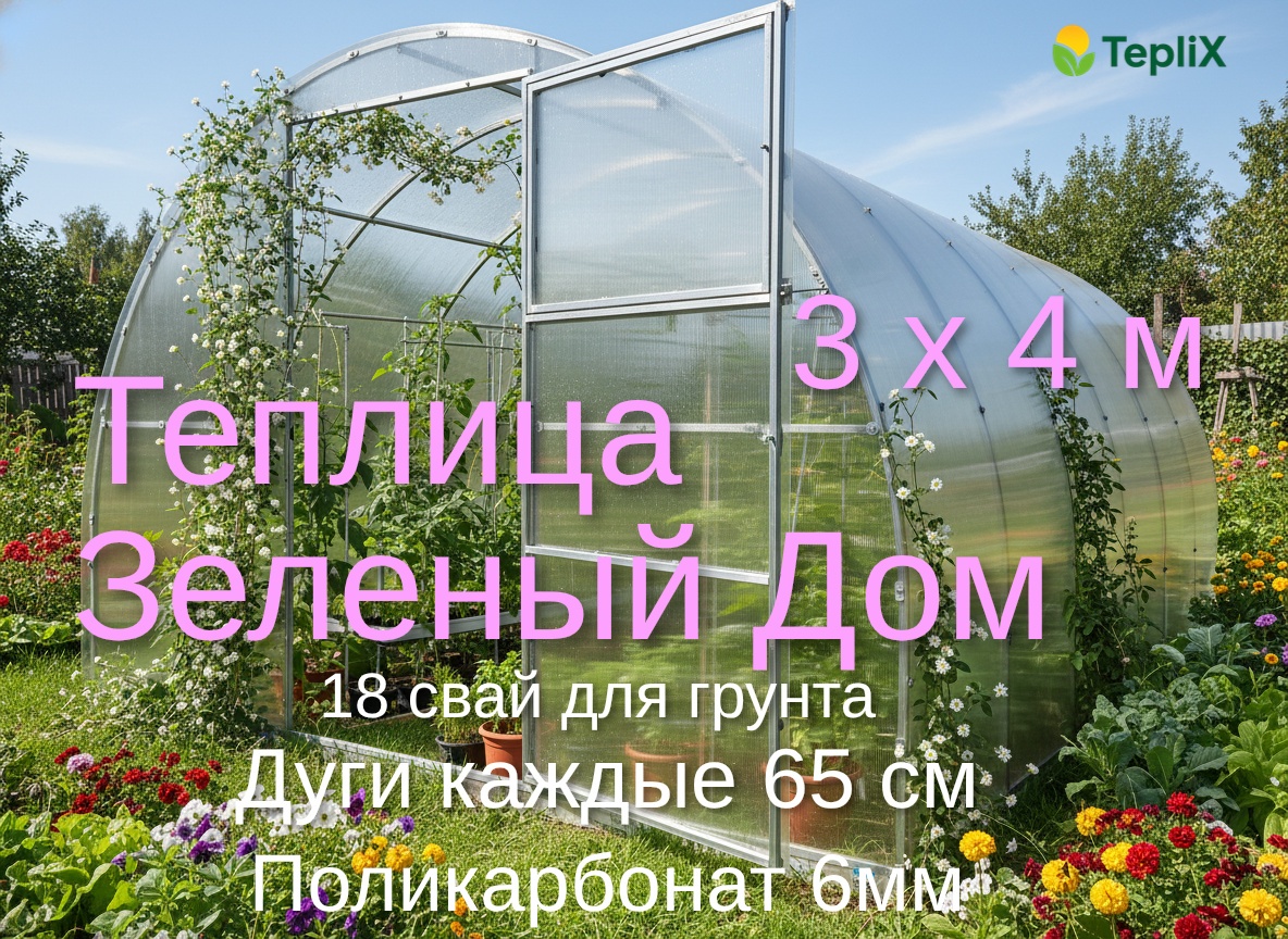 Теплица TepliX Зеленый Дом 3х4м 6мм 210x300x400 см, поликарбонат