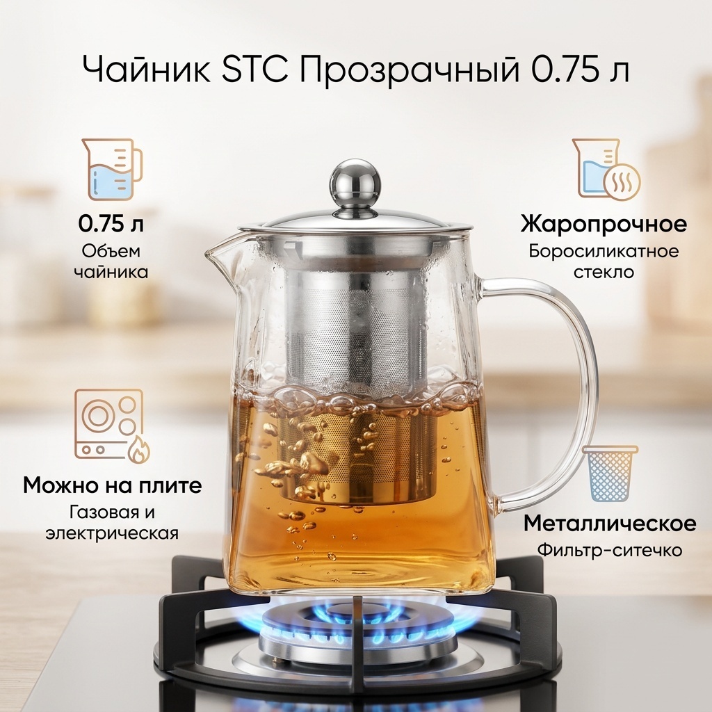 Чайник STC прозрачный 0.75 л, нержавеющая сталь, стекло