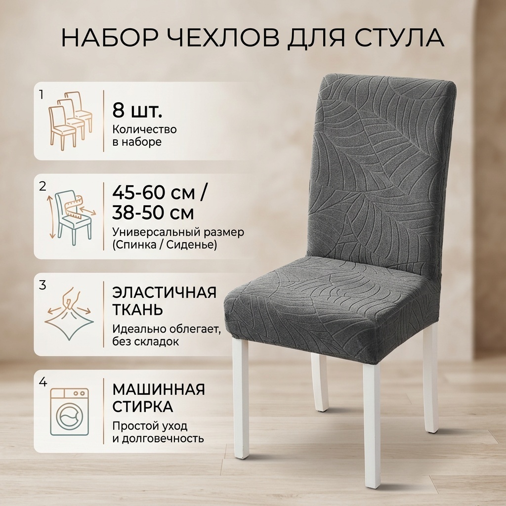 Набор чехлов для стула 2445 серый высота спинки: 45-60 см, ширина спинки стула: 38-50 см, ширина сиденья: 38- 50 см