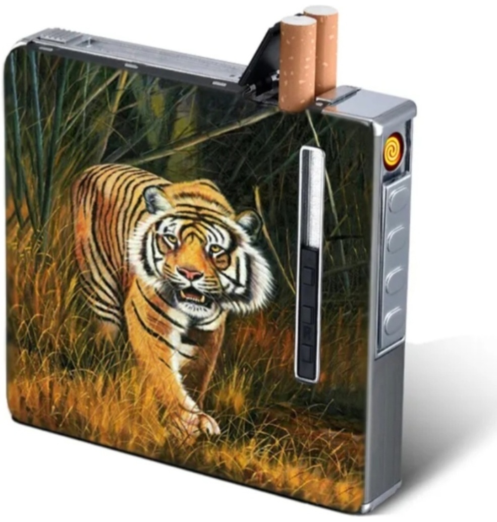 Портсигар 1001 Портсигар "Tiger" XZ/01710 9.3 x 9.8 см влагозащитный корпус, с зажигалкой