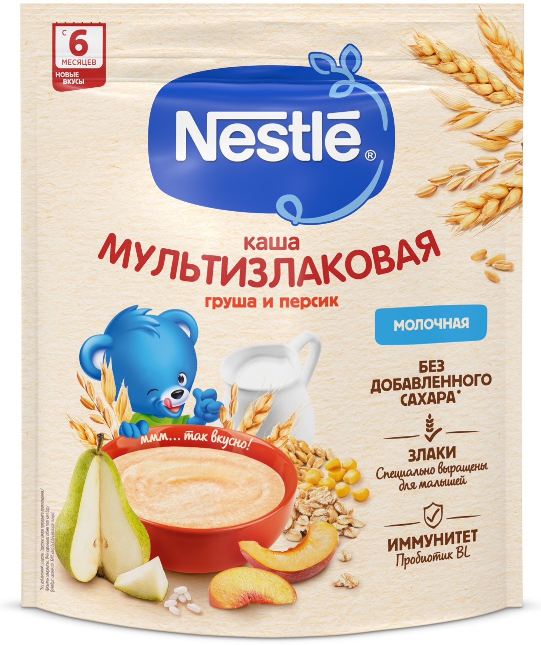 Детская каша Nestle молочная мультизлаковая груша, персик с 6 месяцев 200 г бифидобактерии BL