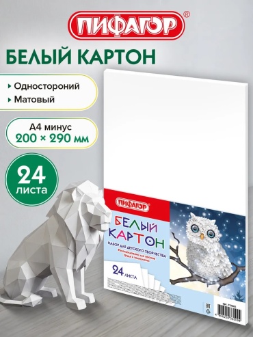 Белый картон Белый немелованный картон формата А4, плотность 200 г/кв.м, матовый, 24 листа, подходит для творчест, матовый А4, 24 л
