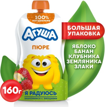 Детское пюре Агуша Яблоко-банан-клубника-земляника-злаки 170 г, с 8 месяцев