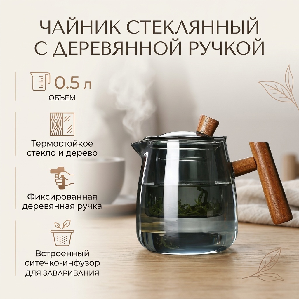 Чайник 627497 0.5 л, стекло, дерево
