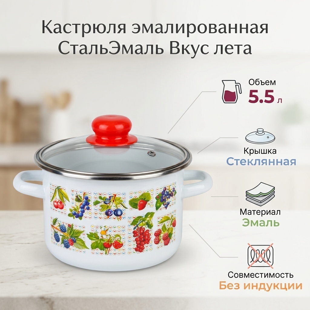 Кастрюля 5.5 л, СтальЭмаль 1RD221S/Вкус лета эмаль