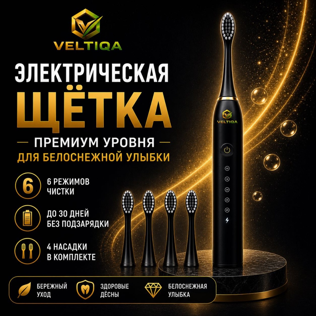 VELTIQA звуковая щетка IPX 7 щетина средняя черный