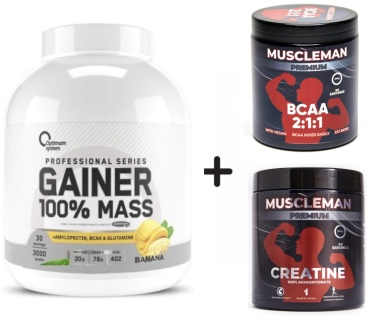 Optimum System Optimum system Гейнер 3кг банан + Muscleman креатин 300г + BCAA 300г апельсин Банан апельсин 3000 г