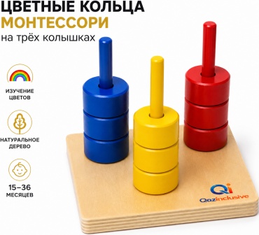Обучающий набор Qazinclusive Цветные кольца Монтессори на трёх колышках