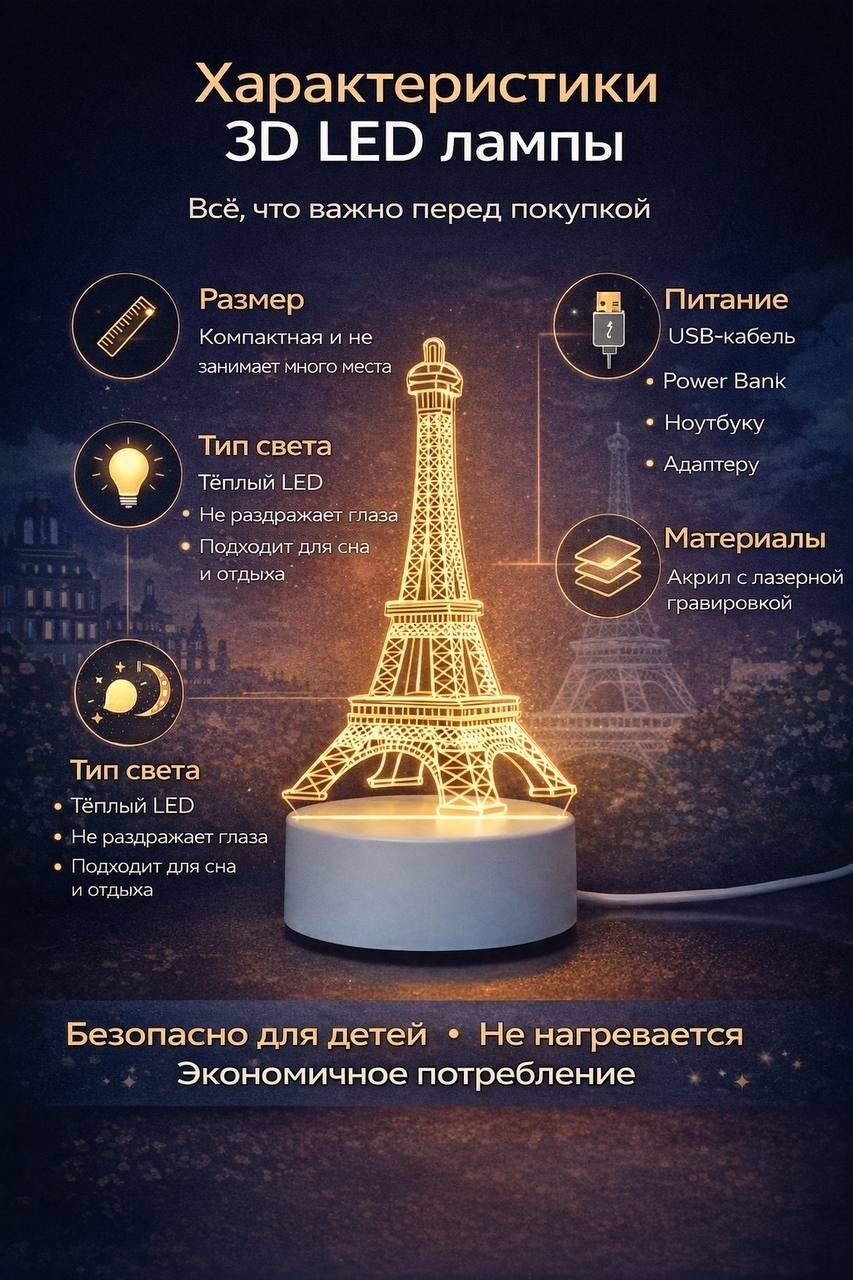 Kronex декоративный светильник настольный 3D Эйфелева башня, теплый белый, холодный белый, белый