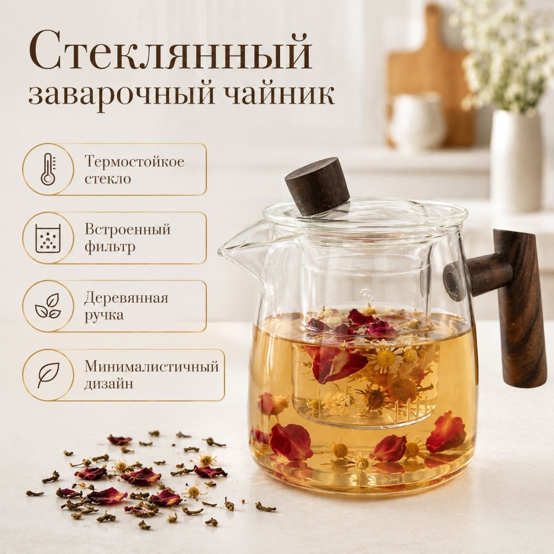 Чайник IZ-029 0.48 л, дерево, стекло