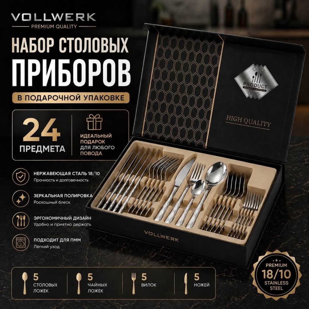 Набор столовых приборов VOLLWERK 24 шт, серебристый 977004888