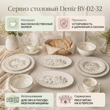 Сервиз на 6 персон Deniz Цветочный узор, предметов: 32, столовый, фарфор