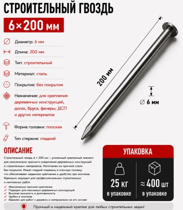 Гвоздь строительный 200х6 мм 25000 г 30447589_200SMMG