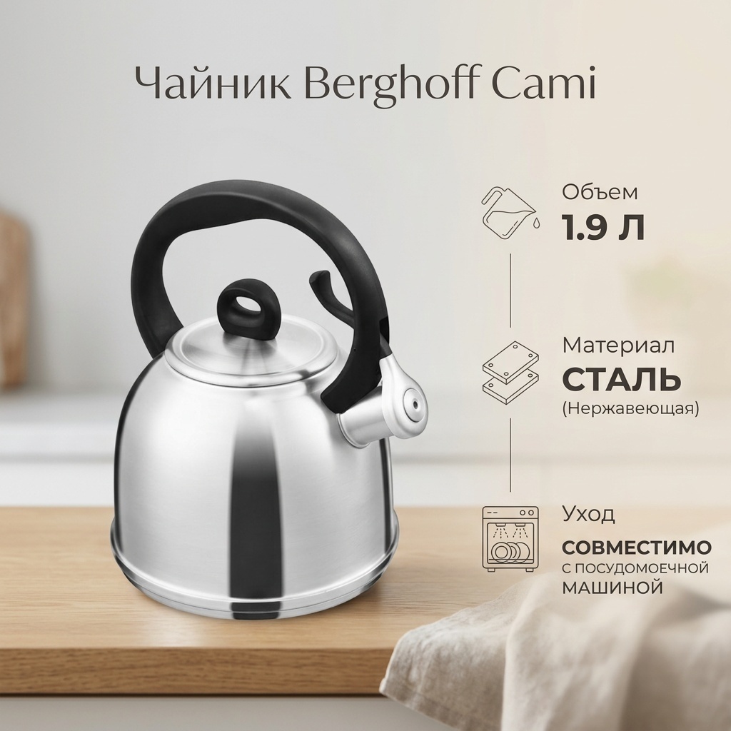 Berghoff чайник Cami 1104998 1.9 л, нержавеющая сталь