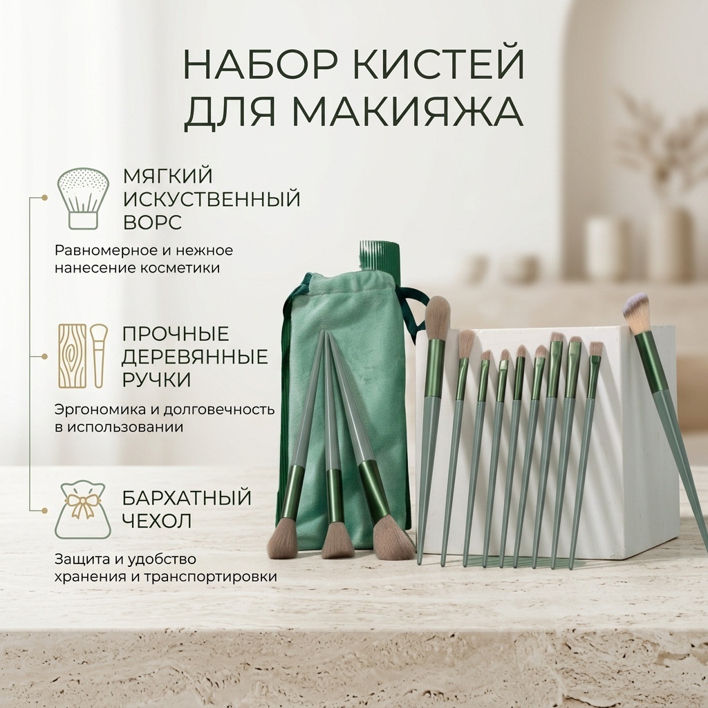 Набор кистей для макияжа зеленый 13 шт