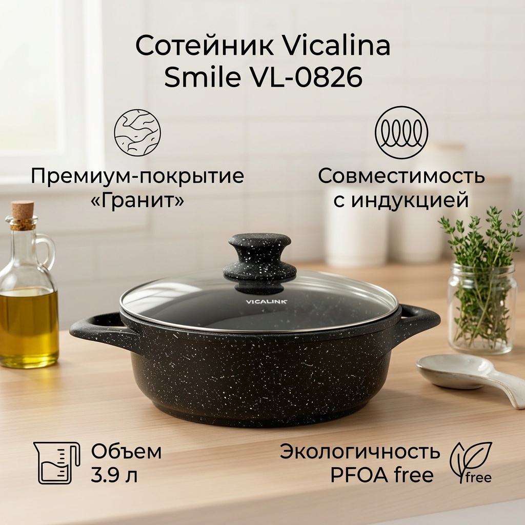 Сотейник Vicalina Smile 26 см с антипригарным покрытием, алюминий